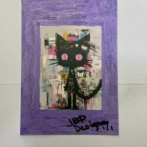 ACEO, “CRAZY CAT” 2.5x3.5. OriginalArt Painting, mxd media, Embellished & Signed